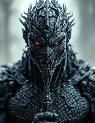 The primary subject of the image is a close-up of a creature's face, which appears to be a mix of a human and an alien. The creature has a mouth with sharp teeth and a pair of glowing red eyes. The setting is a dark room, and the visual style is a combination of photo and digital art. The colors and mood of the image are dark and mysterious, with the creature's face being the main focus.